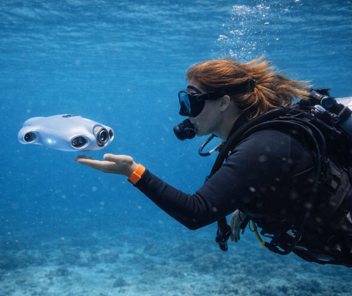 A diver underwater reaching toward a small companion drone concept